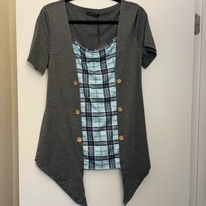 Gray and Blue Plaid Women's Top